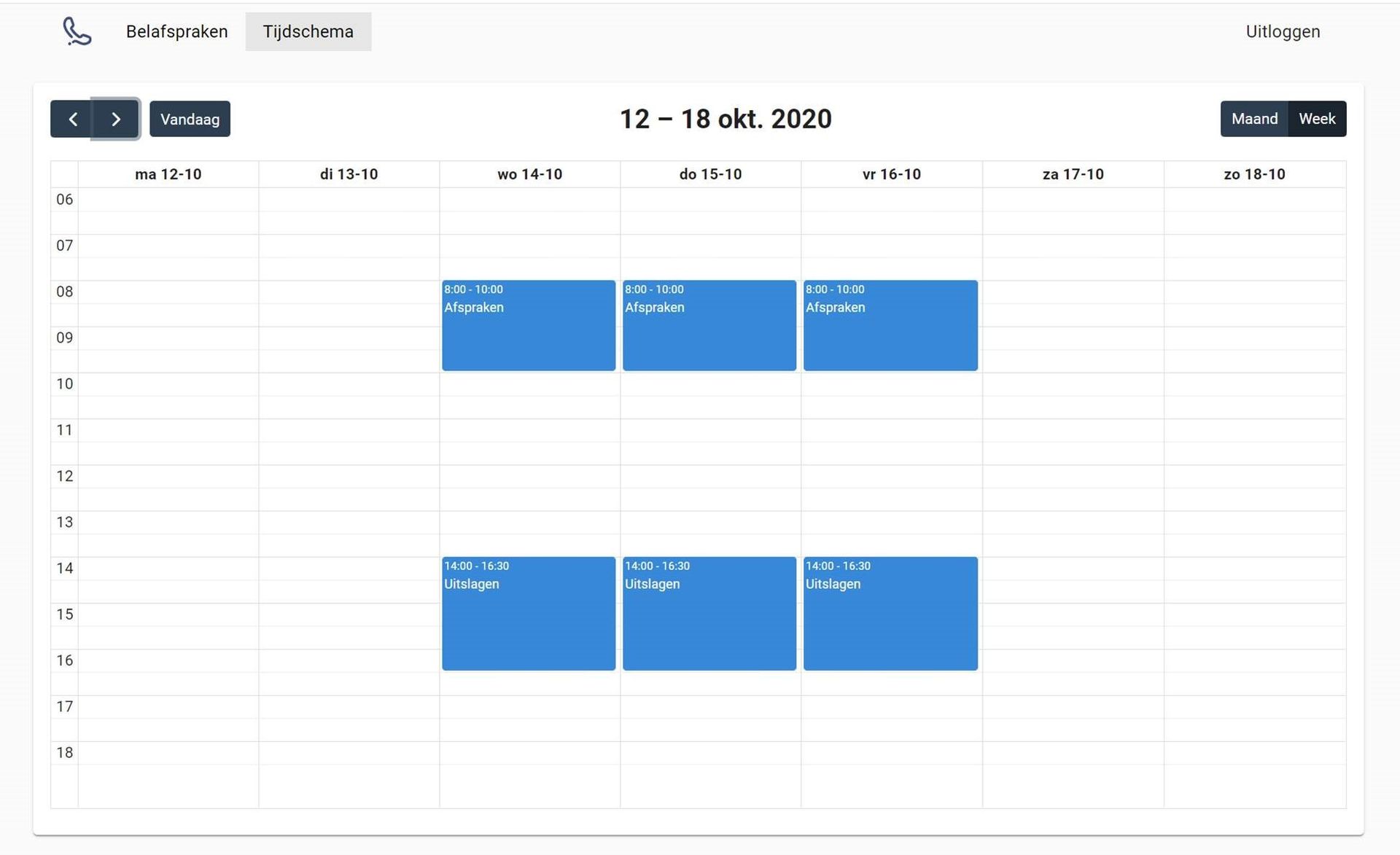 Tijdschema van de terugbelplanner